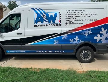HVAC service van with heating and cooling logo, air conditioning repair and maintenance listings, parked outside
